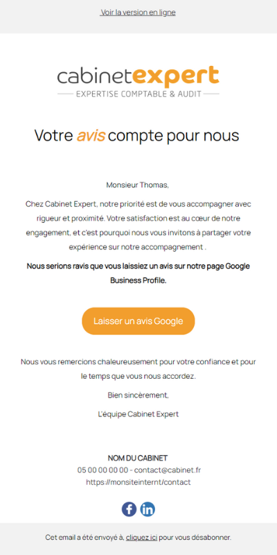 Emailing demande d'avis clients - Cabinet expert